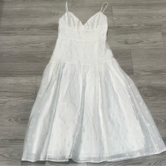 Lulu's Serene Charm White Textured Embroidered Flower Drop Waist Midi Dress - Picture 3 of 10